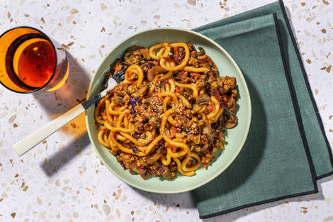 One Pan Sesame-Ginger Miso Beef Udon