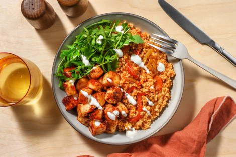 Double Glazed Halloumi and Veg Loaded Harissa Bulgur Bowl