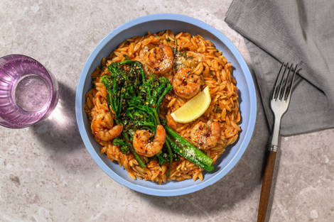 Tomato, Prawns, Pesto and Caramelised Onion Orzo 