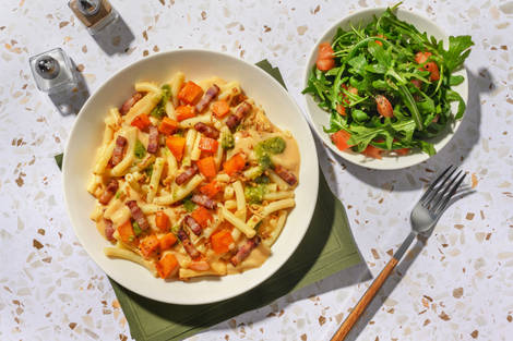 Bacon, Roasted Butternut Bacon and Pesto Mac & Cheese