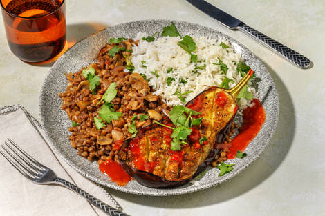 Cumin Roast Aubergine on Harissa Veggie Lentil Ragu
