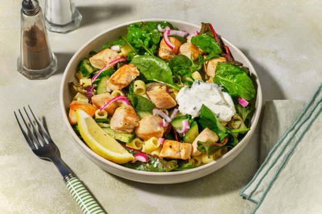 Quick Greek Style Oregano Double Chicken Pasta Salad