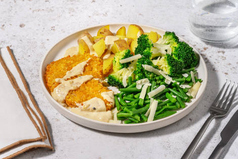 Veggie schnitzel in romige parmezaanse saus