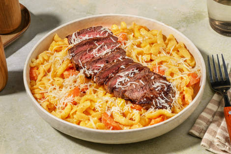 Frische Eierspätzle mit Hüftsteak vom Weiderind