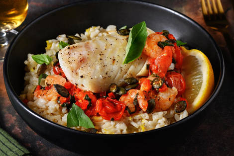 Cabillaud et crevettes au beurre à l'ail et Parmigiano Reggiano