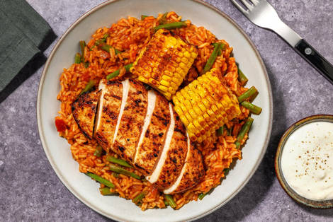 Pikante Reispfanne nach Jambalaya-Art mit extra Bio-Hähnchen