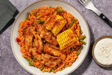 Pikante Reispfanne nach Jambalaya-Art mit extra Bio-Schweinestreifen