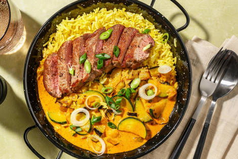 Bio-Rindersteak in Thai-Curry-Soße