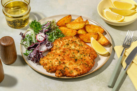 Knuspriges Kräuterschnitzel mit Peperoni-Pommes