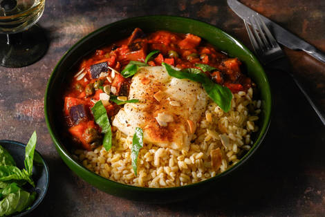 Mijoté d'aubergine façon caponata et cabillaud 