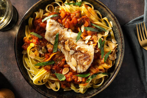 Cabillaud, tagliatelle fraîches et mijoté façon caponata