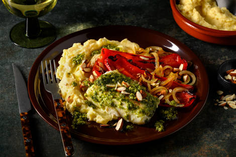 Cabillaud au beurre au pesto & amandes salées