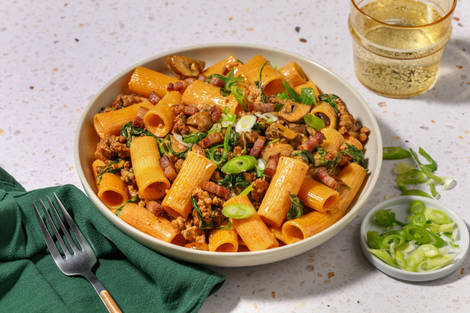 Quick Gochujang Bacon, Beef and Mushroom Rigatoni