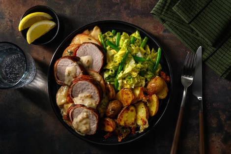 Baconsvøpt svinefilet à la Normande