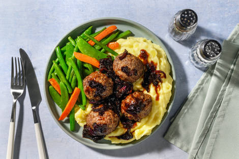 Sticky Onion Double Beef Meatballs & Cheesy Mash