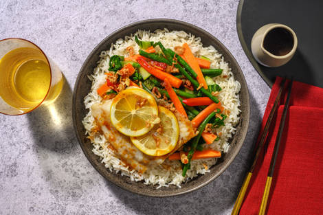 Soy-Ginger Steamed Fish, Prawns & Jasmine Rice