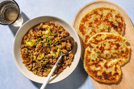 Braised Beef Mince and Cōng Yóu Bǐng Inspired Pancakes