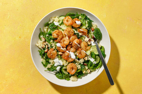 Bol exprés con extra langostinos a la miel con cuscús