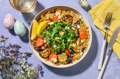 Harissa Pearl Couscous Halloumi Salad and Honeyed Carrots