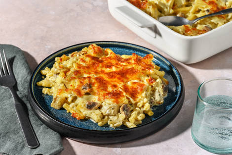 Gratin de macaroni : gouda, champis & basilic