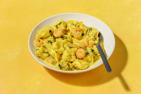 Crevettes sauce avoine-curry & tortelloni