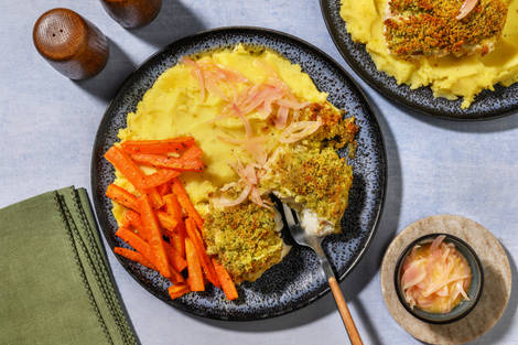 Pesto Crusted Cod and Shallot Butter Sauce