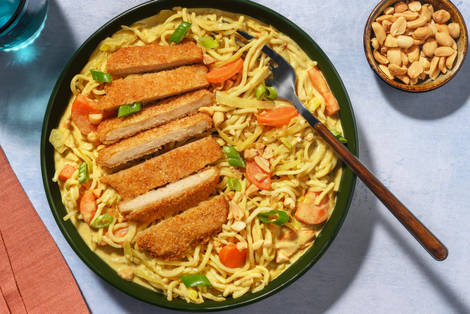 Veggie schnitzel met gele currynoedels