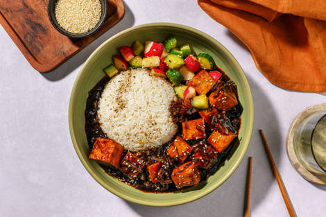 Black Garlic Hoisin Tofu Bowl with Prawns