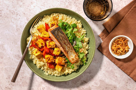 Salmon, BBQ Jerk Spiced Halloumi and Couscous Bowl