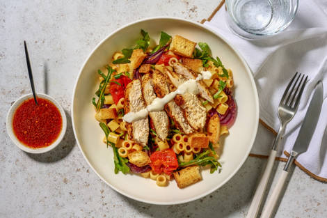 Chermoula Salmon and Warm Panzanella Pasta Salad