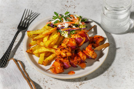 Red Thai Style Marinated Double Chicken Skewers and Chips