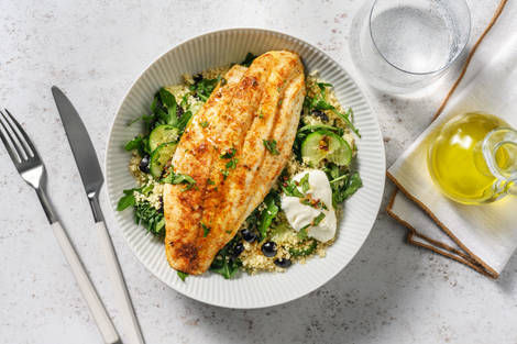 Baked Spiced Barramundi and Herby Olive Couscous