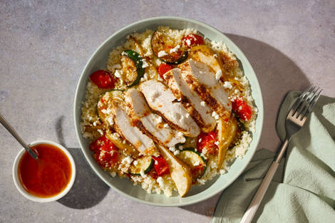Chermoula Chicken, Pear and Tomato Traybake