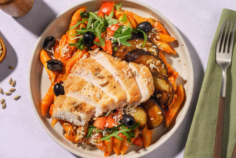 Penne mit extra Bio-Hähnchen und Ofen-Aubergine