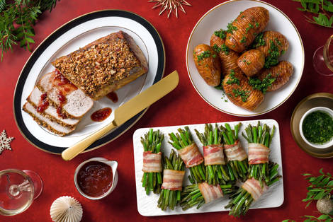 Beenham met hasselbackaardappelen in peterseliedressing