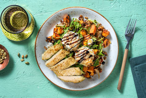 Mandel-Ziegenkäse auf Linsensalat mit extra Bio-Hähnchen