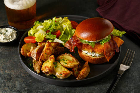 Fried Chicken & Bacon Burger and Cheesy Wedges