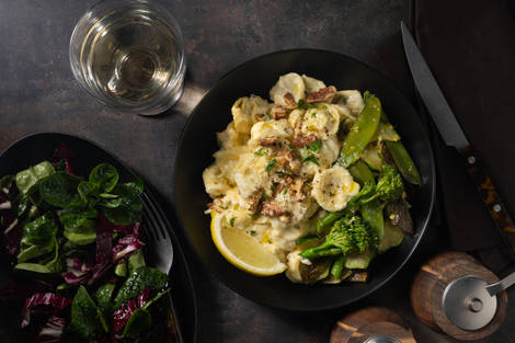 Paddenstoelentortellini in blauwekaassaus