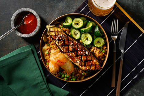 Tender Teriyaki Roasted Aubergine and Fried Rice