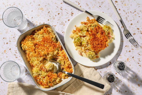Cheesy Sprout and Bacon Gratin
