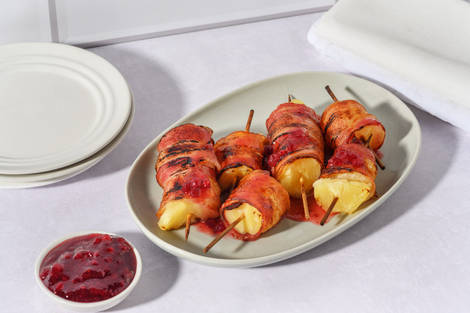 Bacon Wrapped Pineapple Skewers with Cranberry Chutney