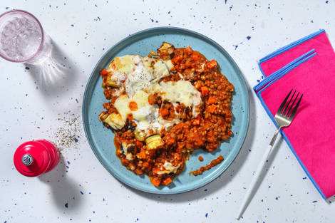 Cheesy linzenschotel met veggie gehakt en aubergine