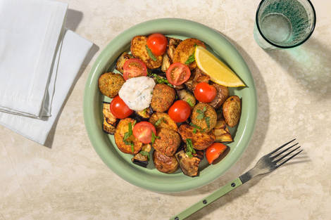 Loaded Aubergine and Falafel Bowl with Halloumi