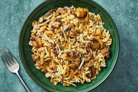 Pâtes à la dinde façon soupe à l’oignon