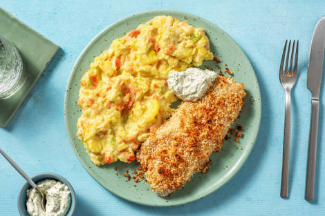 Backfisch mit buntem Gemüse-Stampf