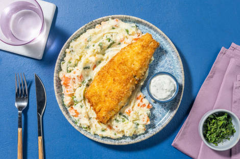 Backfisch mit buntem Gemüse-Stampf