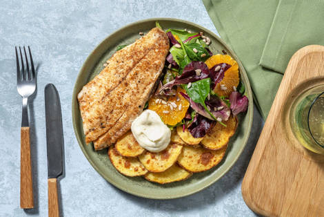 Barramundi poêlé et sauce à l’ail acidulée