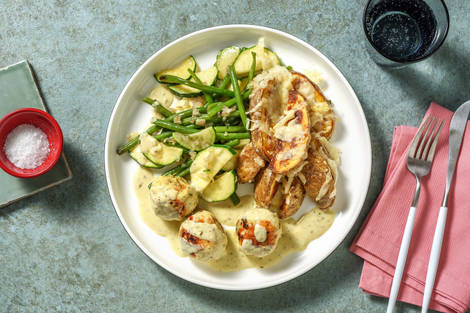 Boulettes de poulet haché en sauce crémeuse au pesto