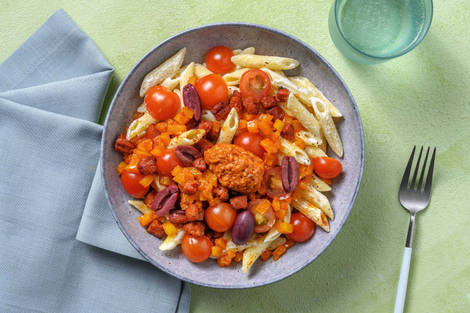 Bowl de pâtes au chorizo et olives