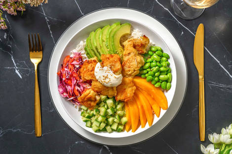 Luxe bowl met kabeljauw-tempura en mango